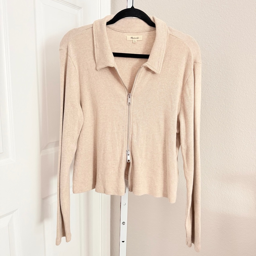 Madewell Ribbed Zip-Front Knit‎ Tee in Natural Size XL Long Sleeve NP898